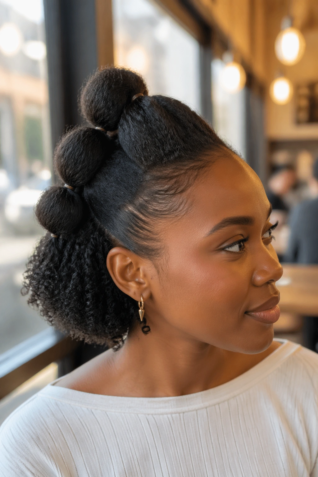Close-up of a real woman wearing Bubble Ponytail Half Up Bob hairstyle
