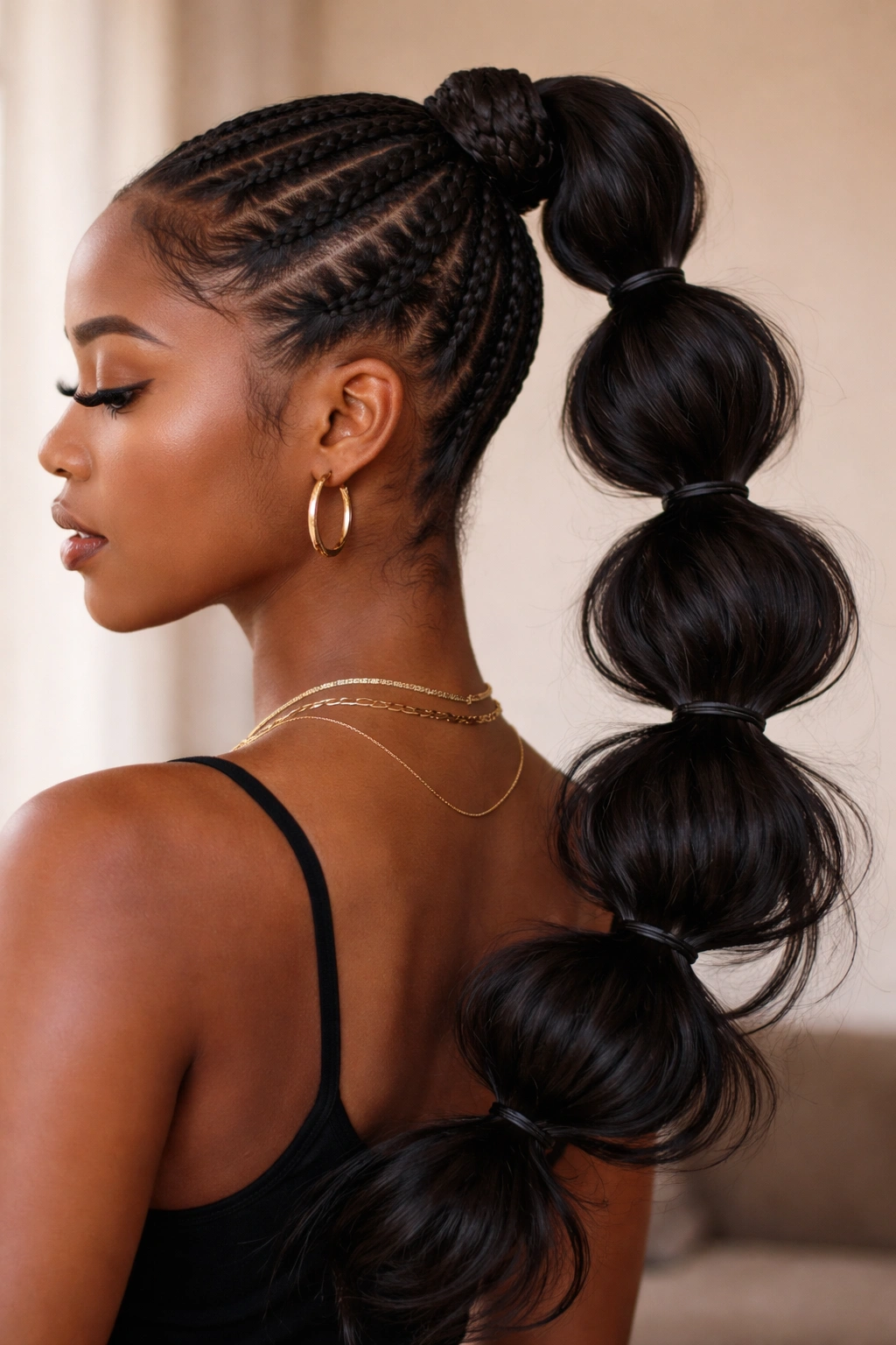 Bubble sections along a feed-in braid ponytail
