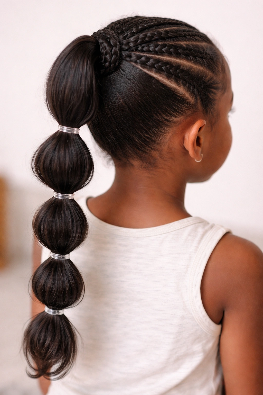 Bubble ponytail with braided base and bubble sections along the tail