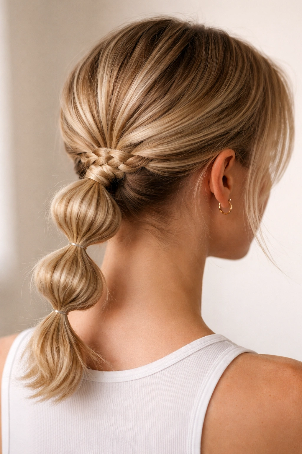 Short hair with crown braid at base transitioning into bubble sections.