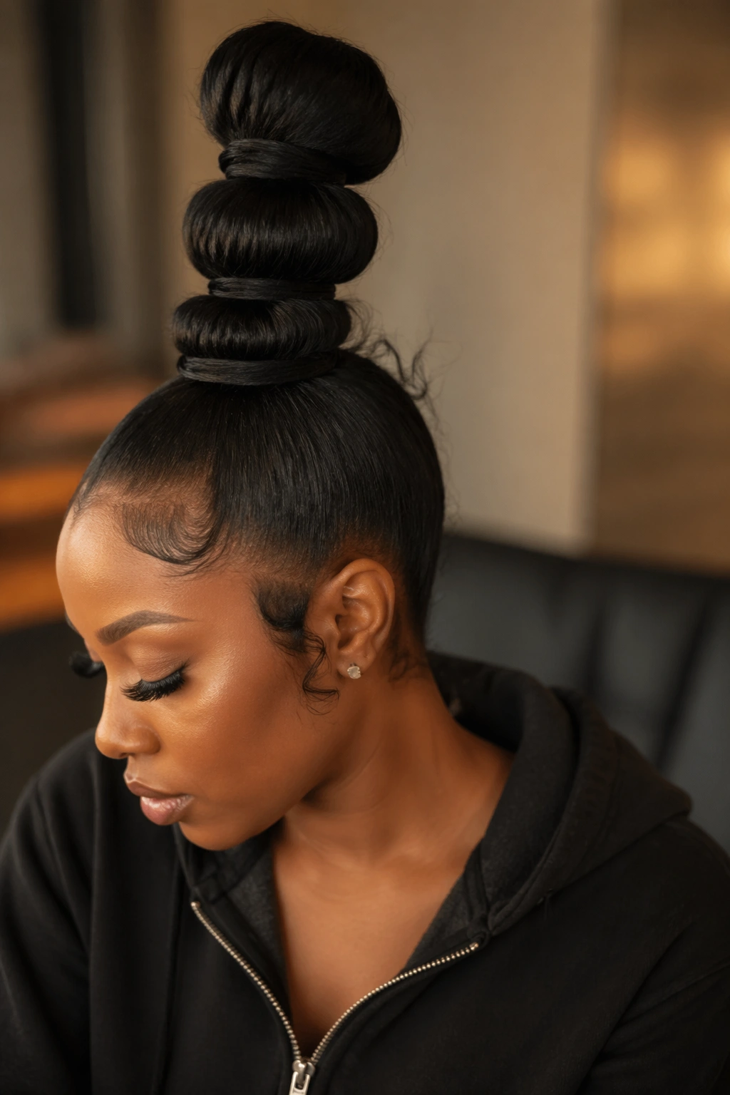 Close-up of a real woman with a bubble ponytail bun and wrapped sections.