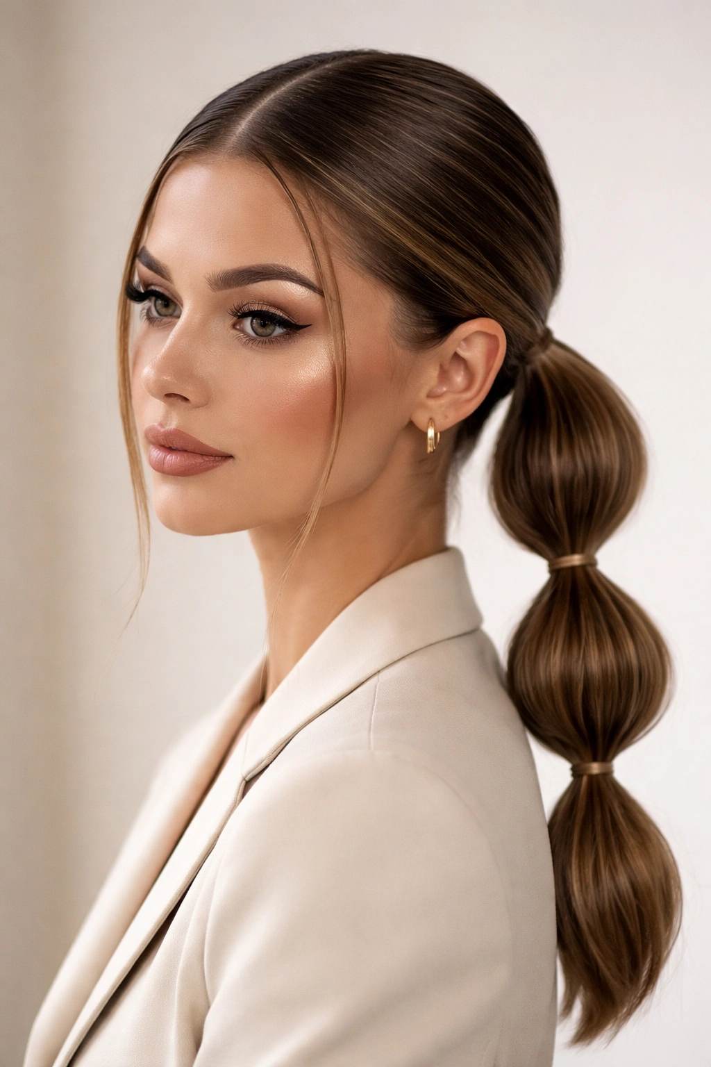 Close view of a sleek bubble low ponytail with a center part and glossy roots
