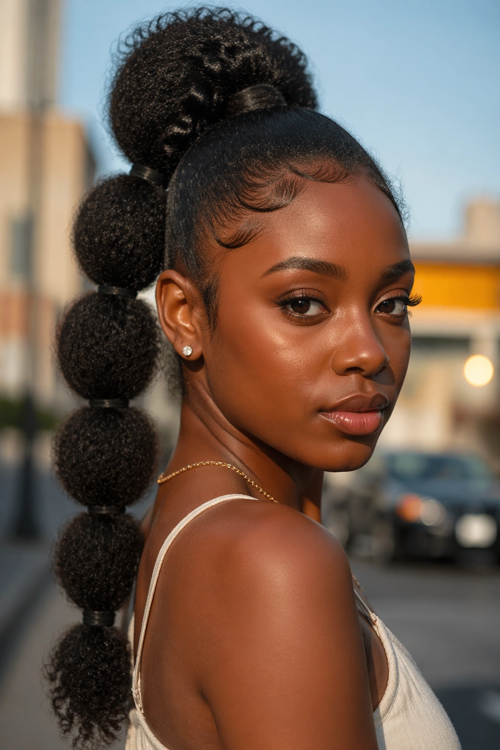 Portrait of a real Black woman with a bubble ponytail on coils.