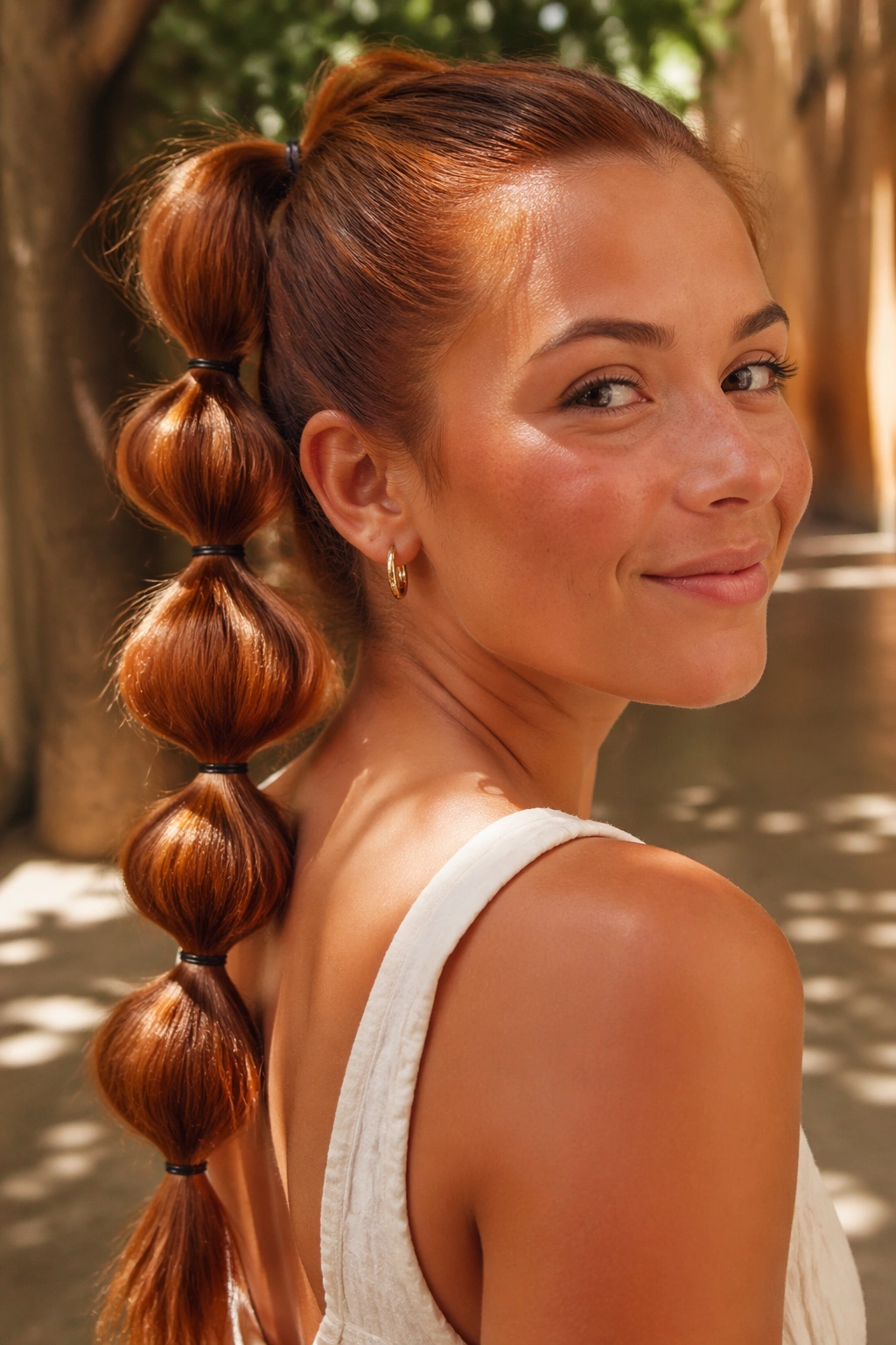 Close-up of a real woman with a bubble copper ponytail catching sunlight