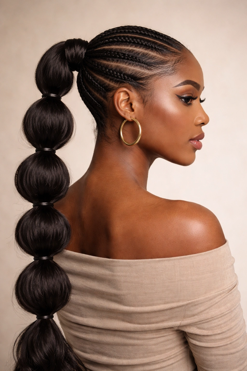 Side view of bubble ponytail with cornrow base showing rounded segments