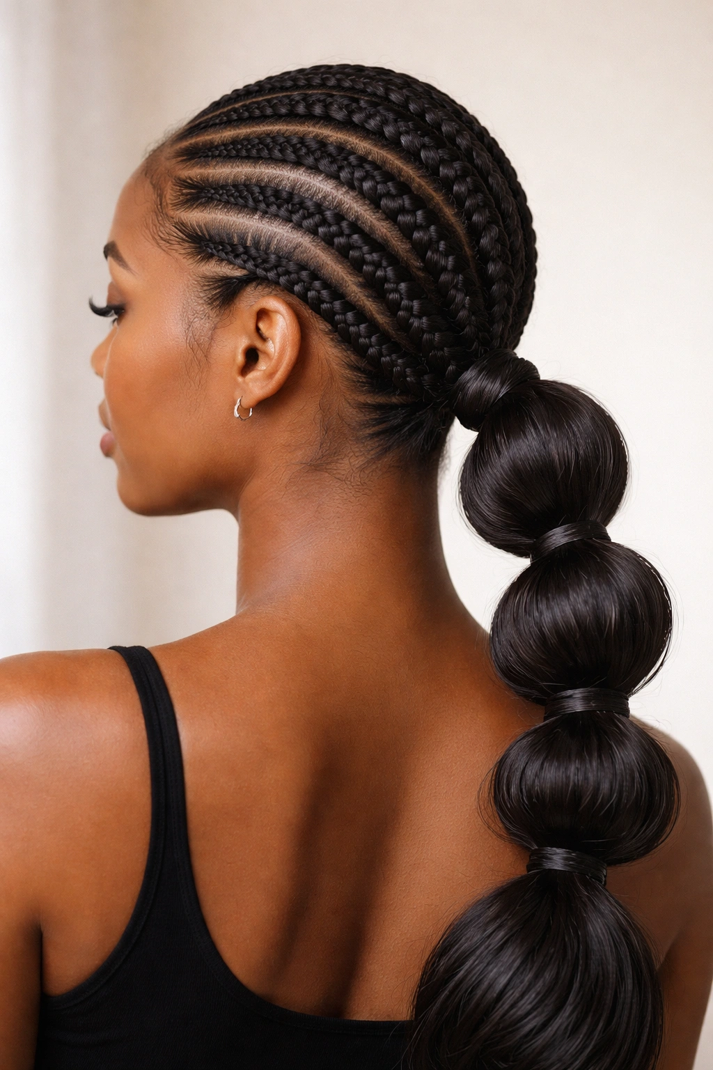Low bubble ponytail created from cornrows with elastic bubbles along the length