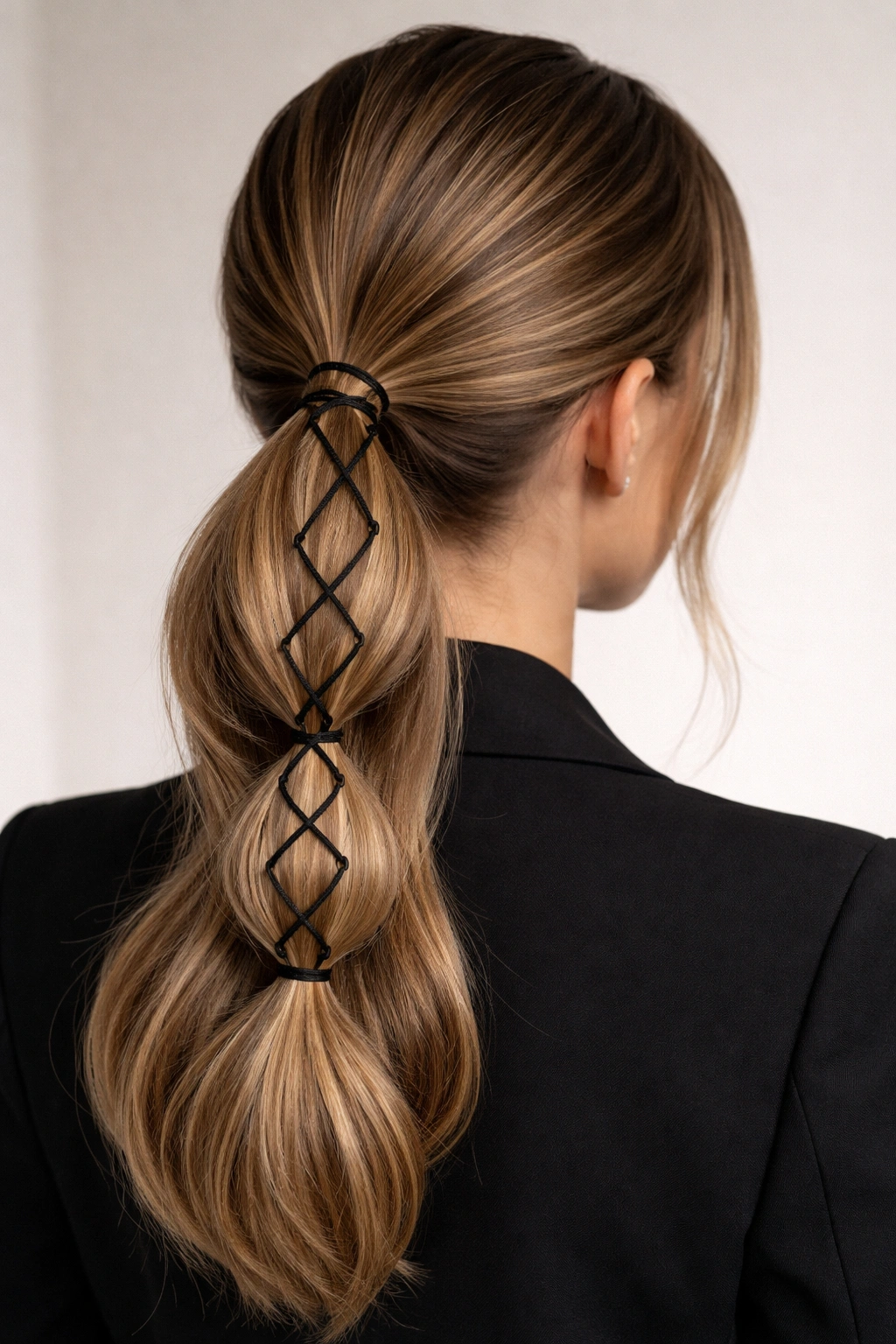 Bubble ponytail with crisscross elastic pattern