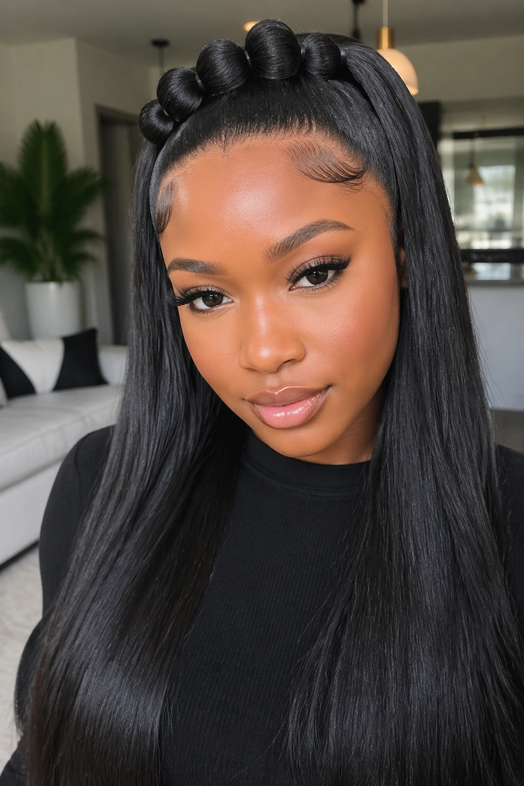 Woman with bubble ponytail crown and straight length.