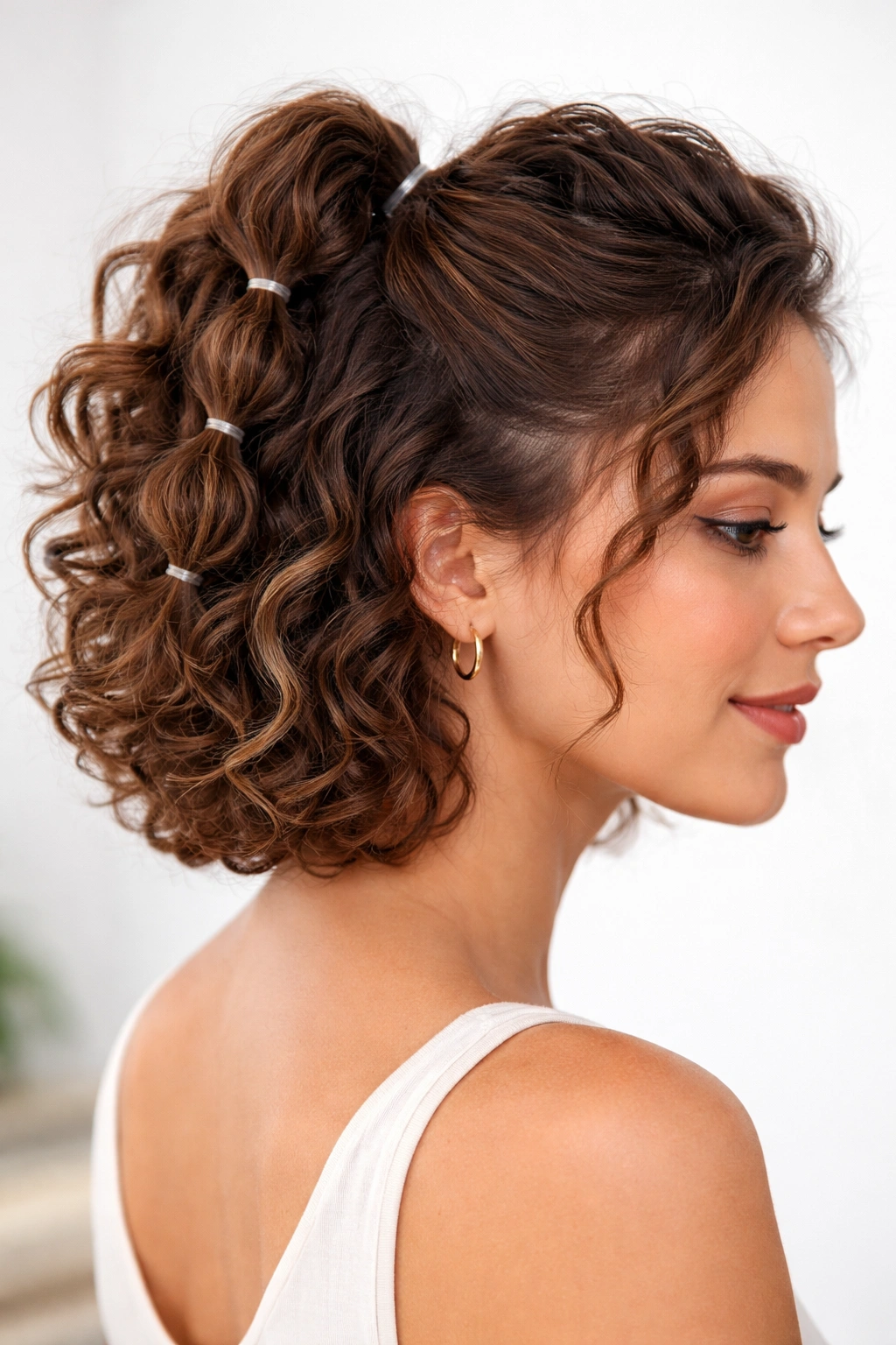 Short curly hair in a bubble ponytail half-up with stacked bubbly segments