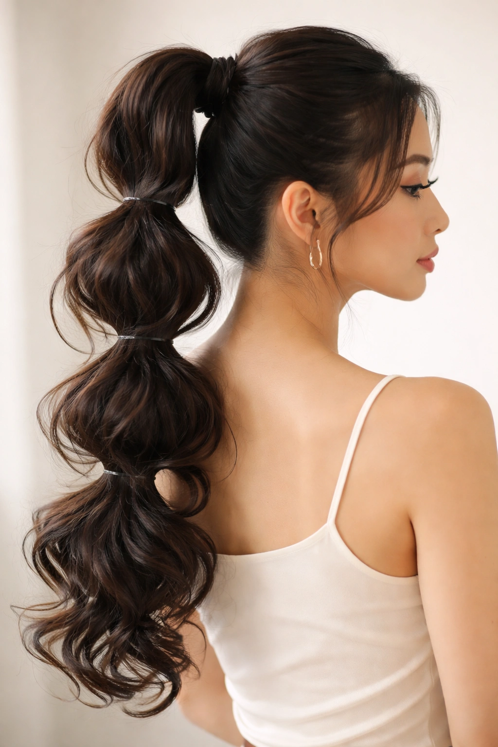 Long hair in a high bubble ponytail with curled ends