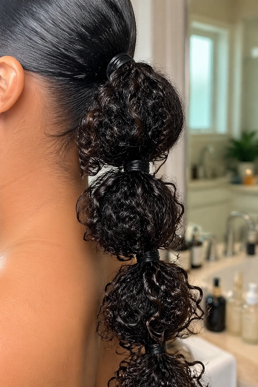 Close-up of bubble ponytail with curly sections in bright vanity