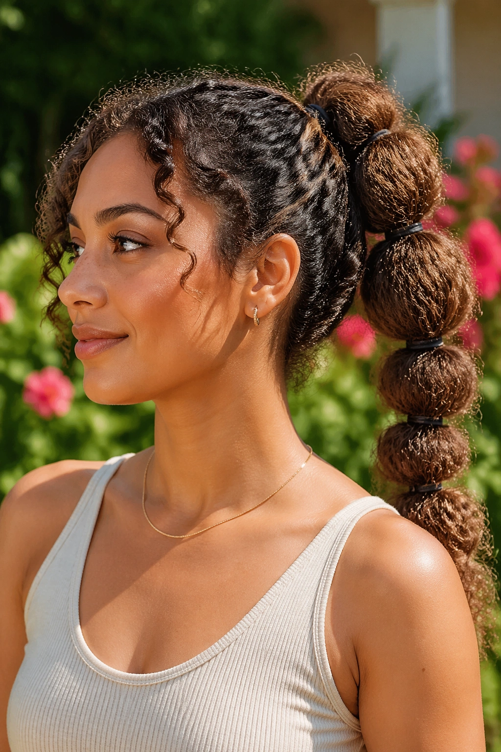 Real person with a bubble ponytail featuring separate elastic segments