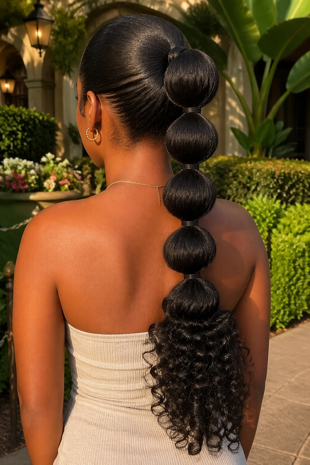 Back view of a real woman with a bubble ponytail and curly finish