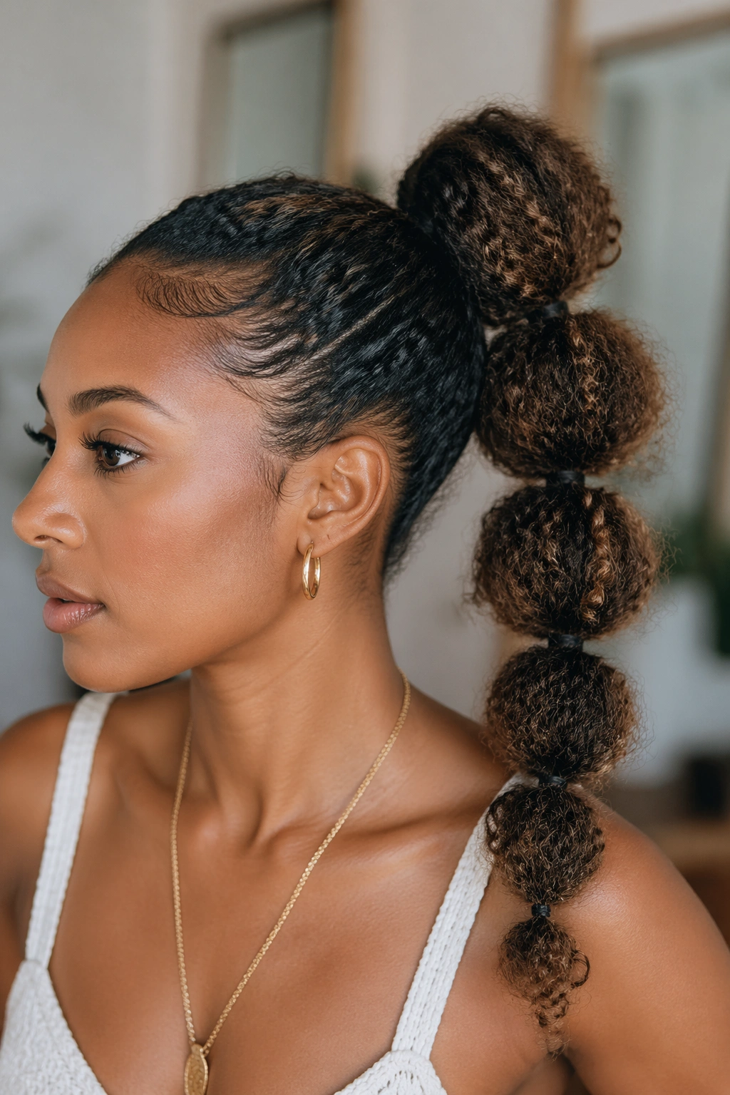 Close-up of a real woman with a bubble ponytail showcasing segmented curls