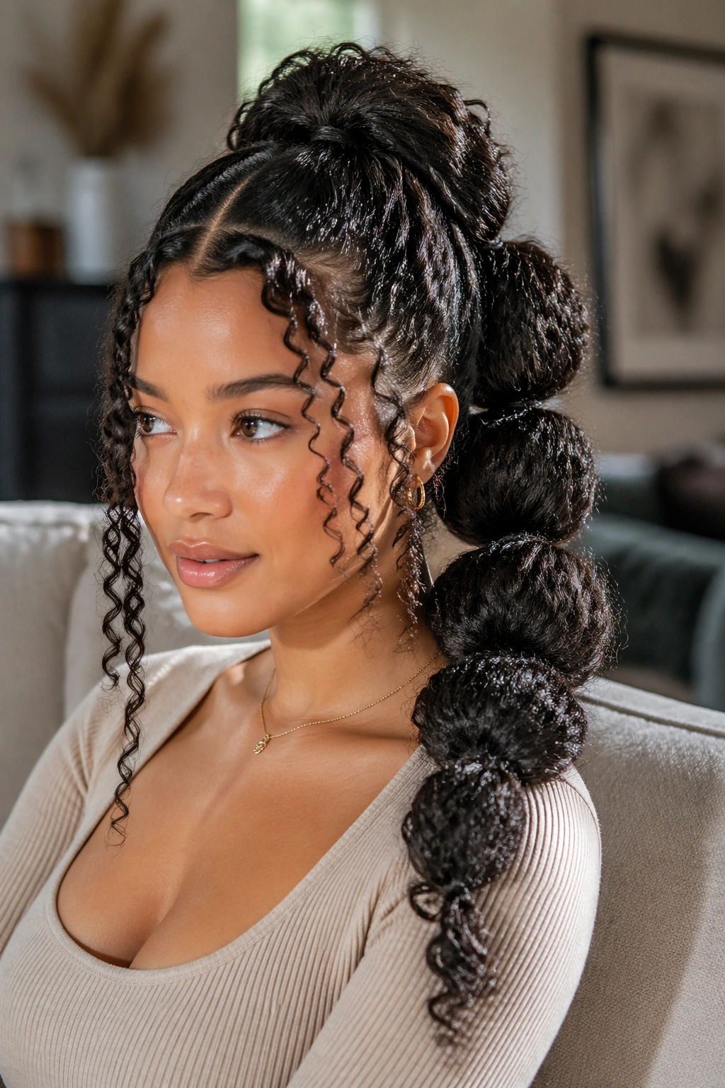 Close-up of a real woman showing a bubble V-part ponytail with puffed curl segments