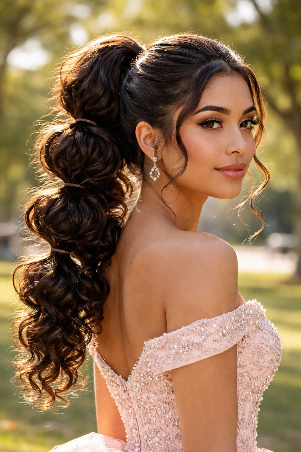Close-up of a real woman wearing a bubble ponytail with curly sections