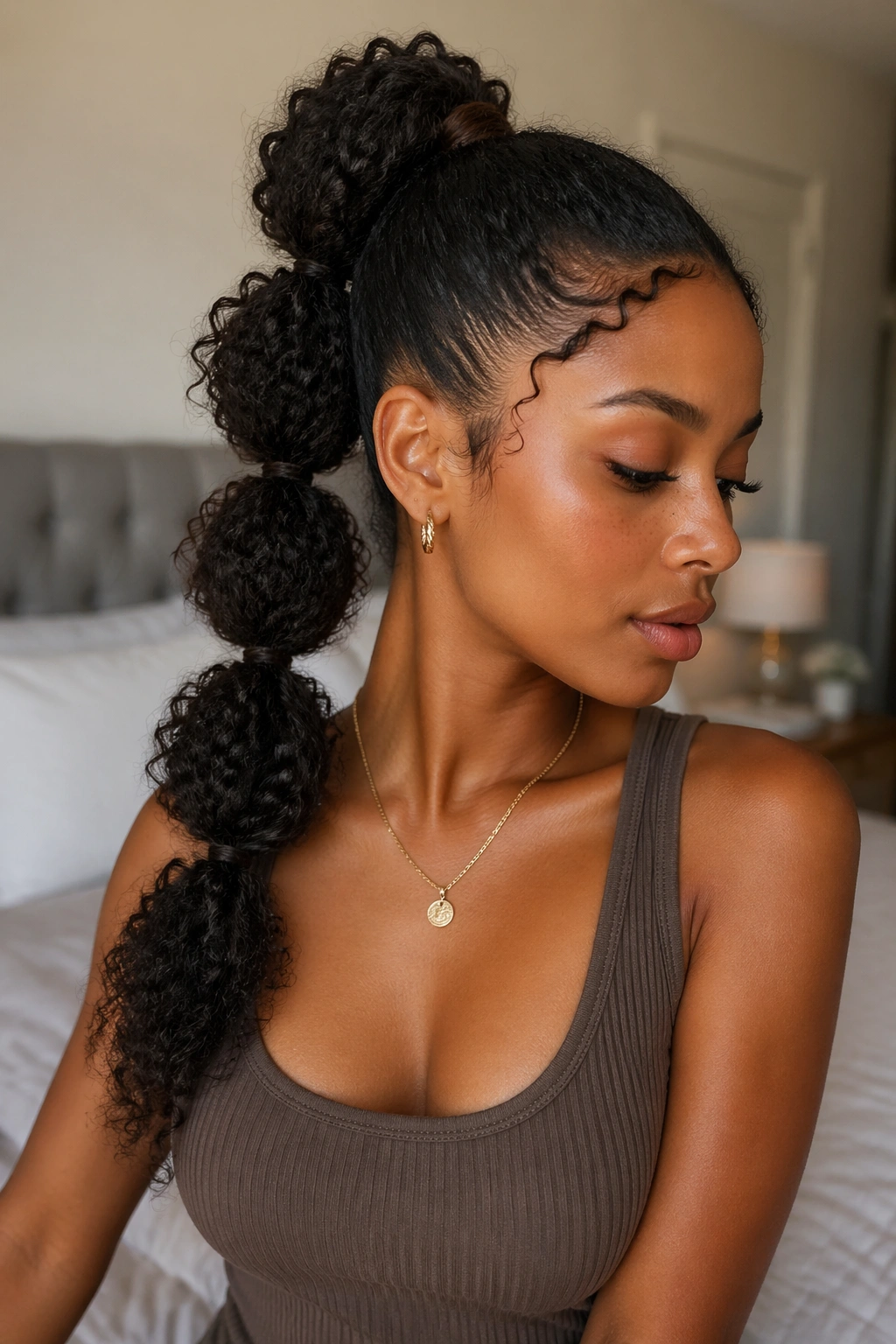 Real woman with bubble ponytail showing separate rounded sections