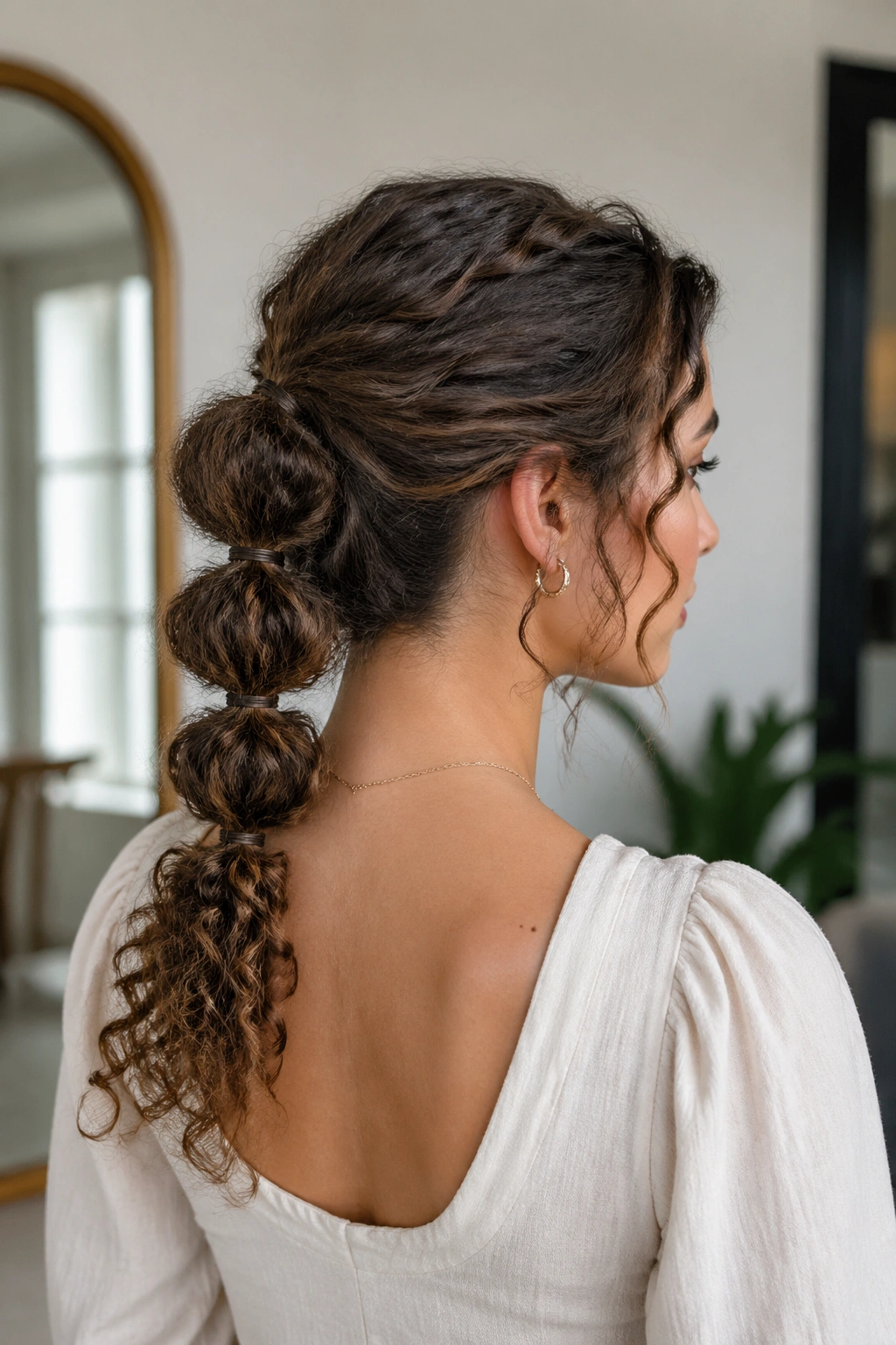 Portrait of a real woman with a bubble ponytail and curly ends along the length.