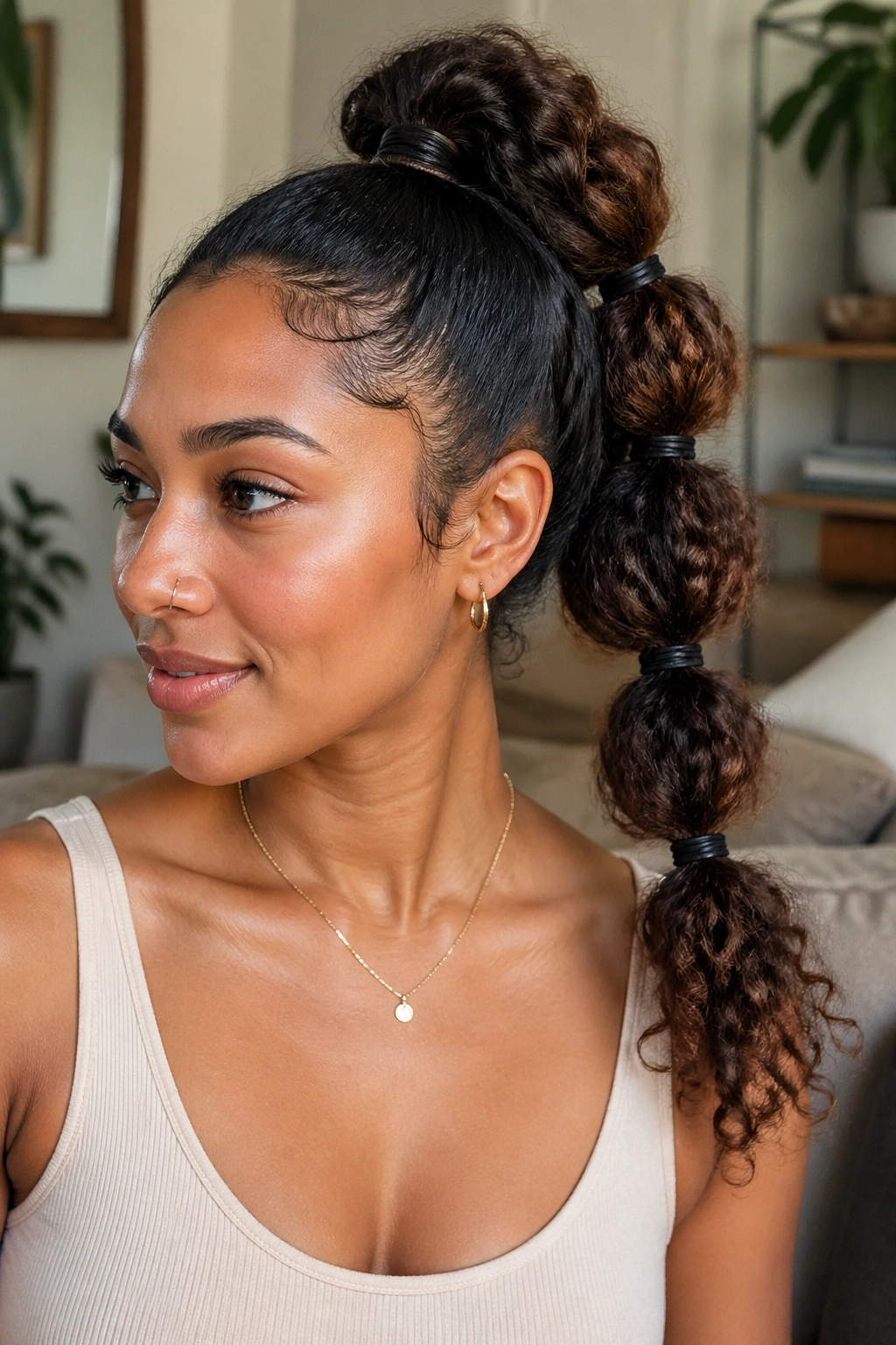 Close up of a real woman with a bubble ponytail on curly lengths