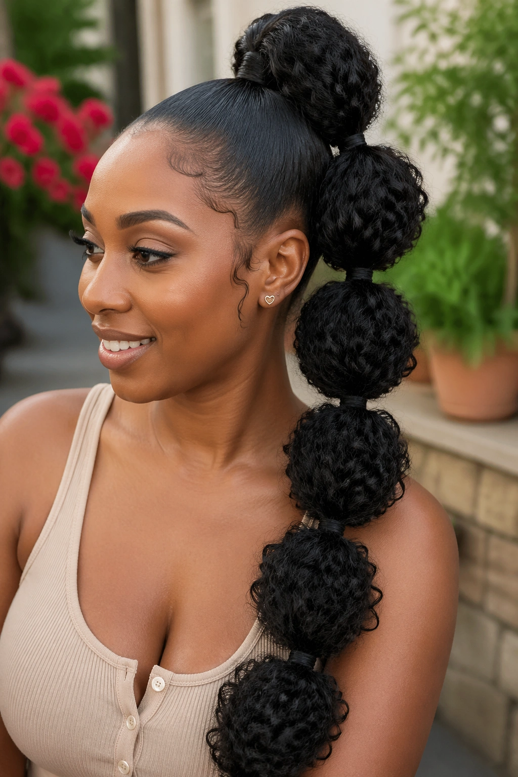 Close-up of a real woman with a bubble ponytail showing curly weave sections.
