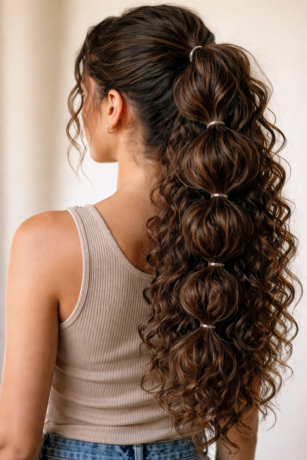 Long curly hair in a bubble ponytail with multiple elastic bubbles along the length