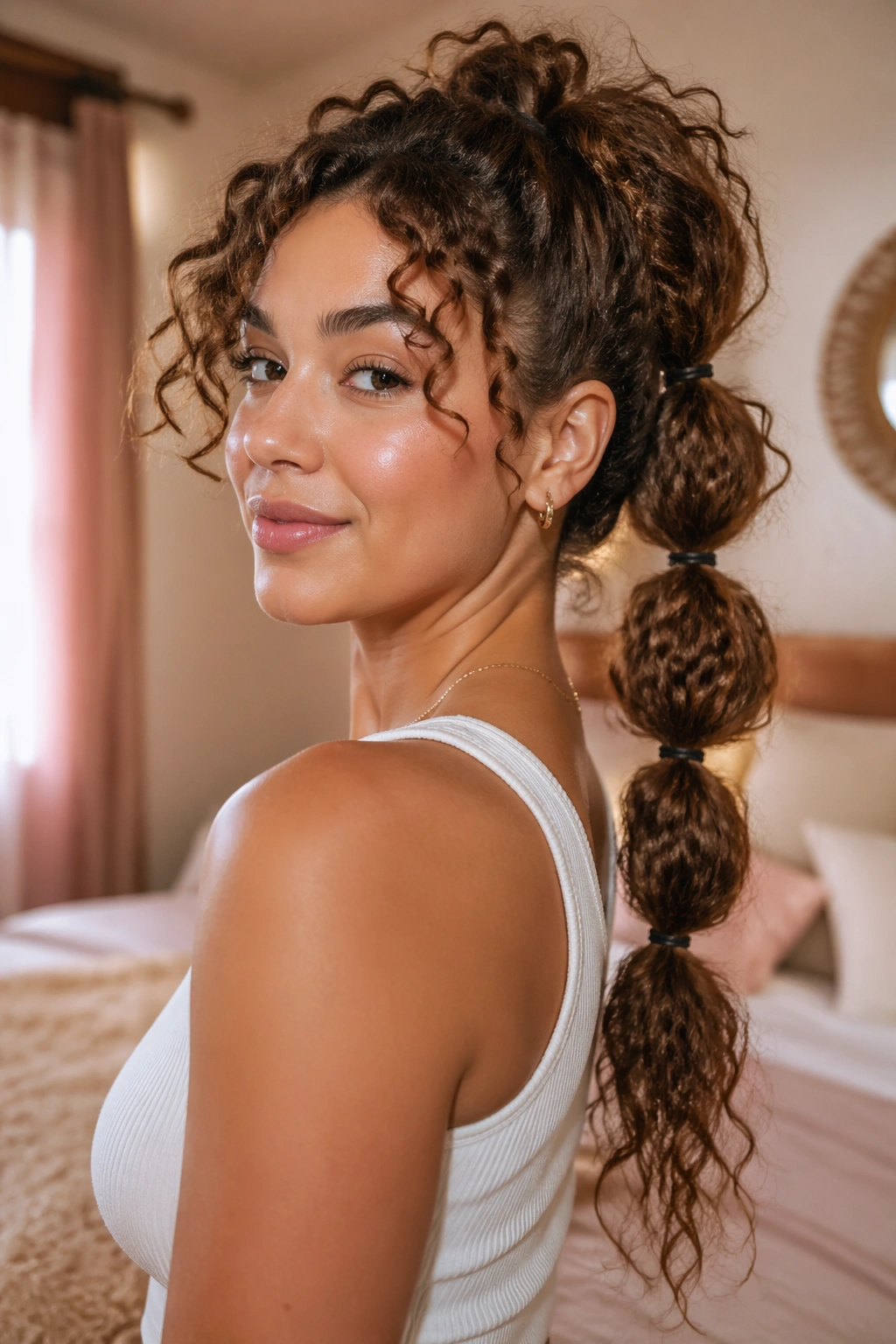 Close-up portrait of a real woman with a bubble ponytail and curled sections between elastics