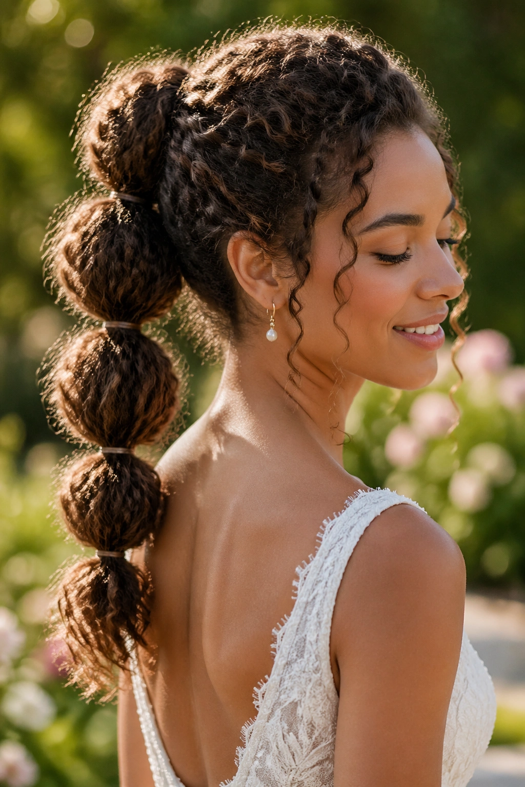 Close-up of a bride with a bubble ponytail showing bubble sections