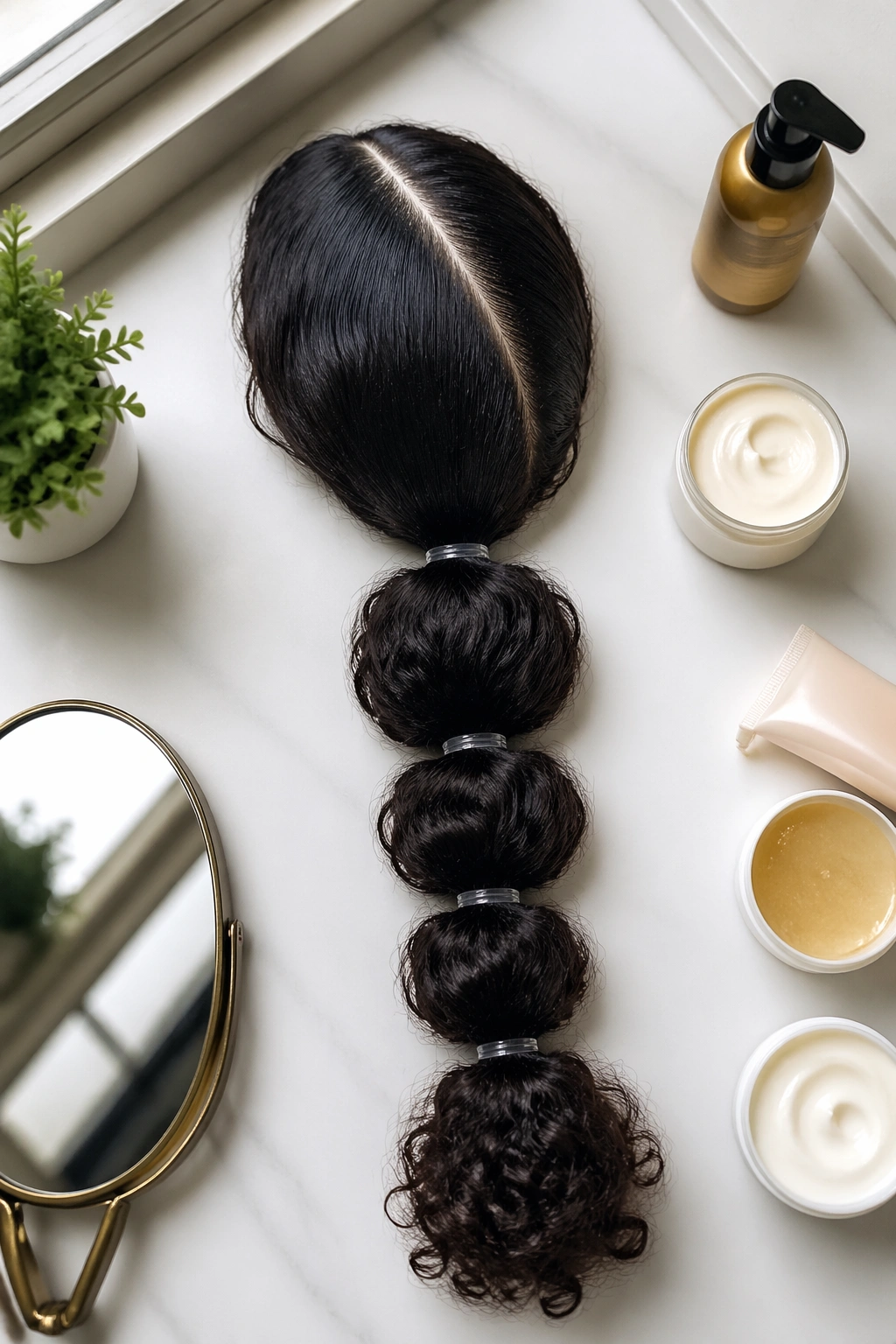 Overhead view of bubble ponytail with bubbles created by elastics along the tail.