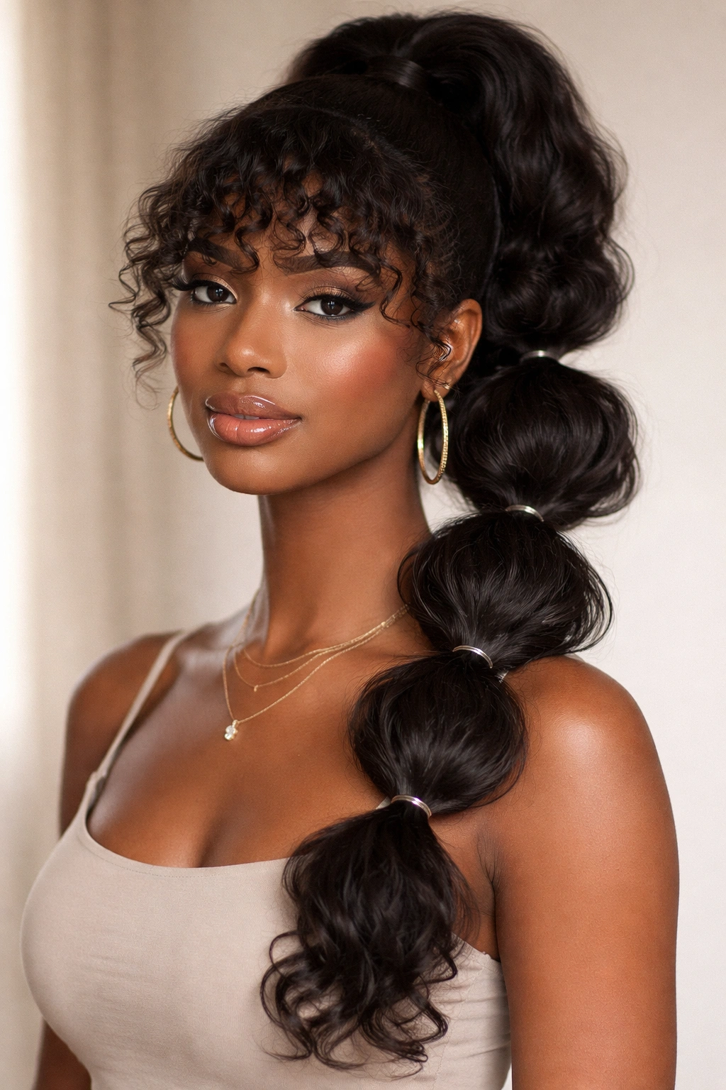 Front-facing Black woman with a bubble ponytail and curly bangs highlighting segmented bubbles