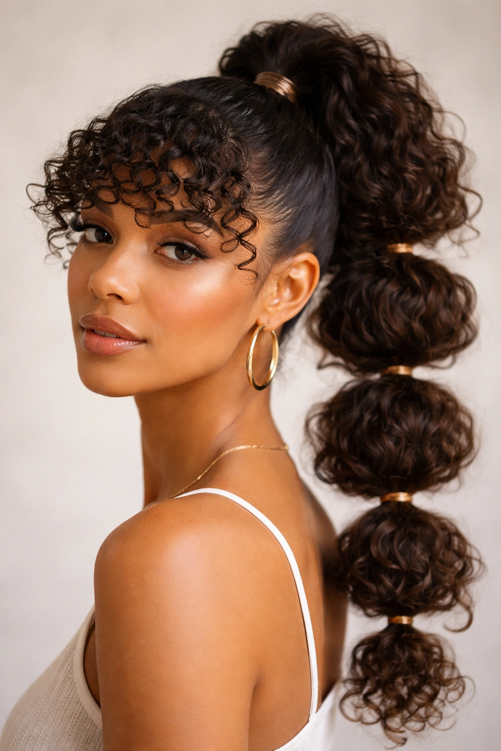 Bubble ponytail with curled fringe showing segmented bubbles and defined curls