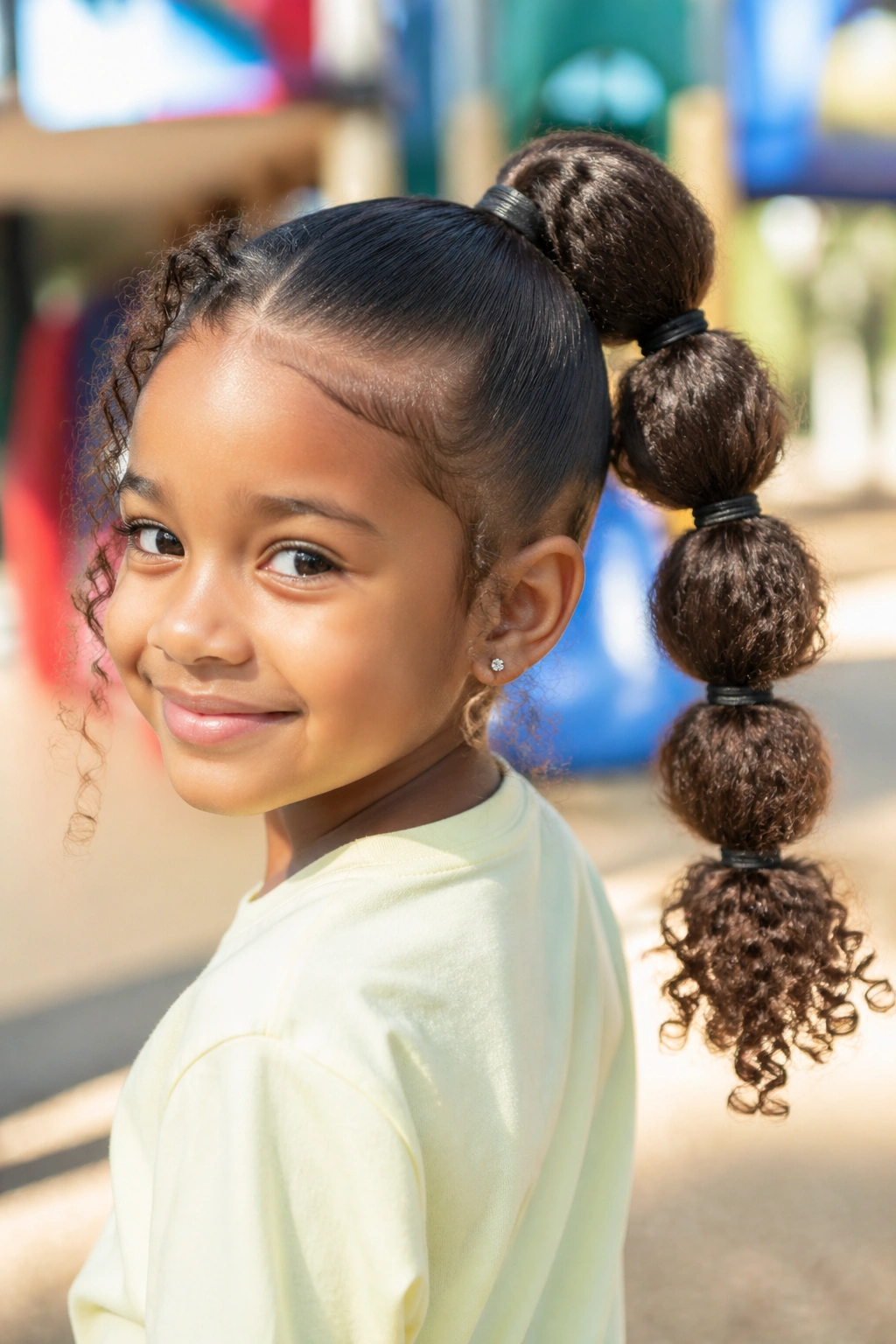 Child with bubble ponytail at a sunny playground