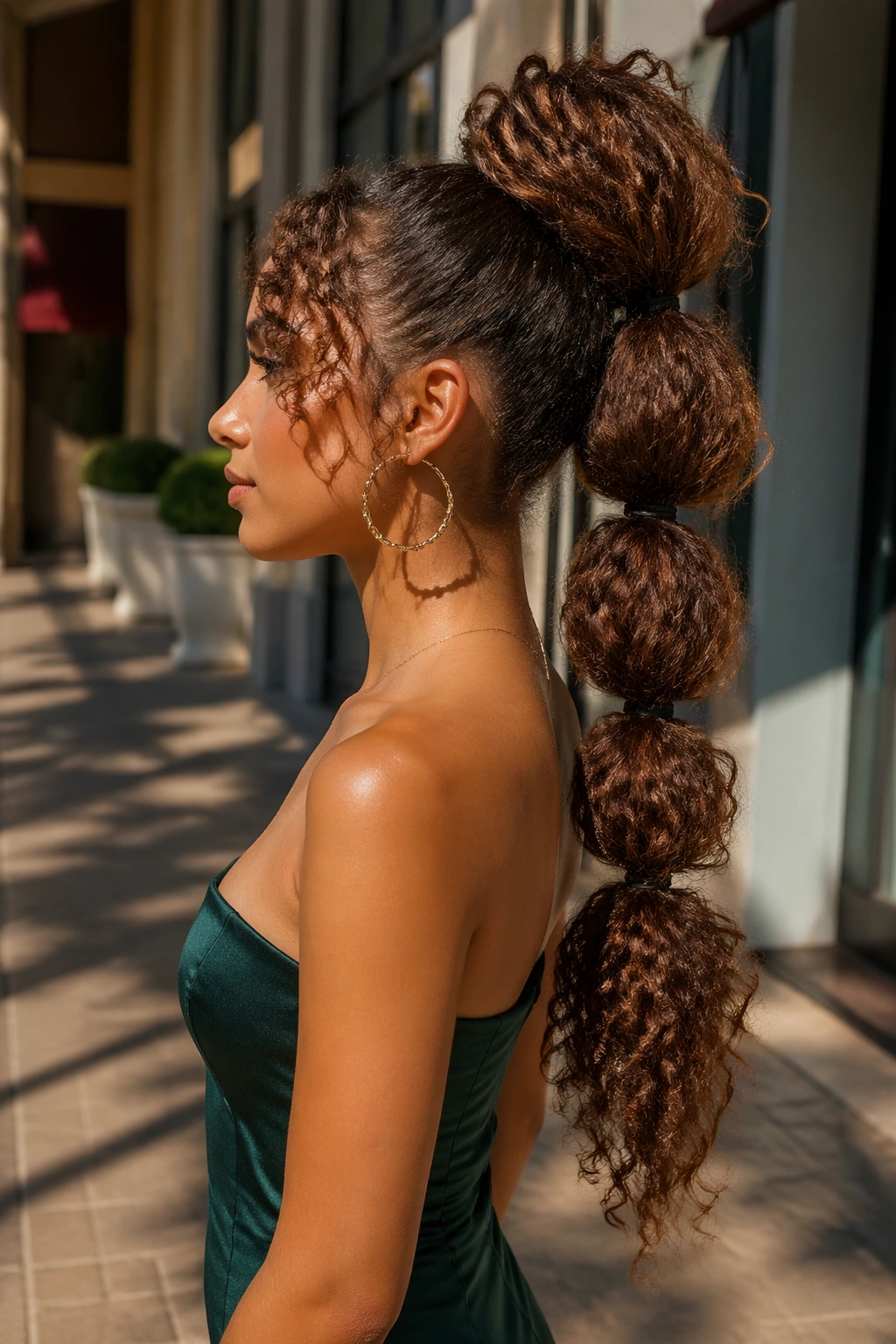 Side profile with bubble ponytail curls