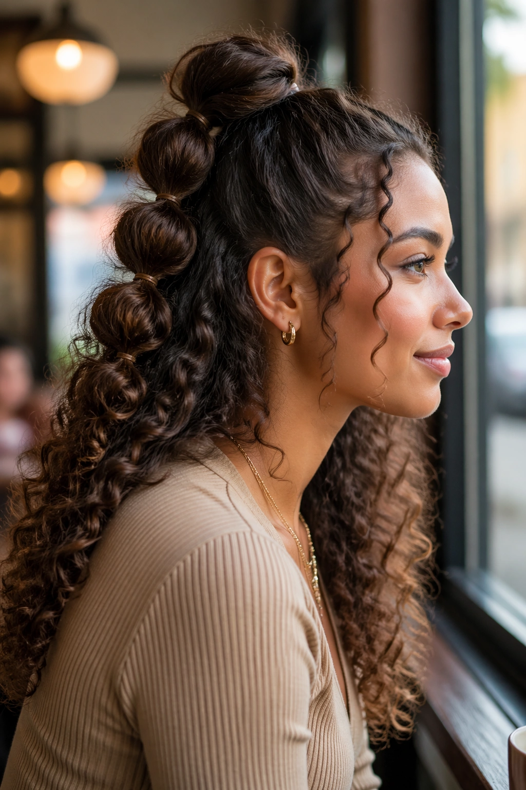 Close-up portrait of a real woman with a bubble-shaped half ponytail for curly hair