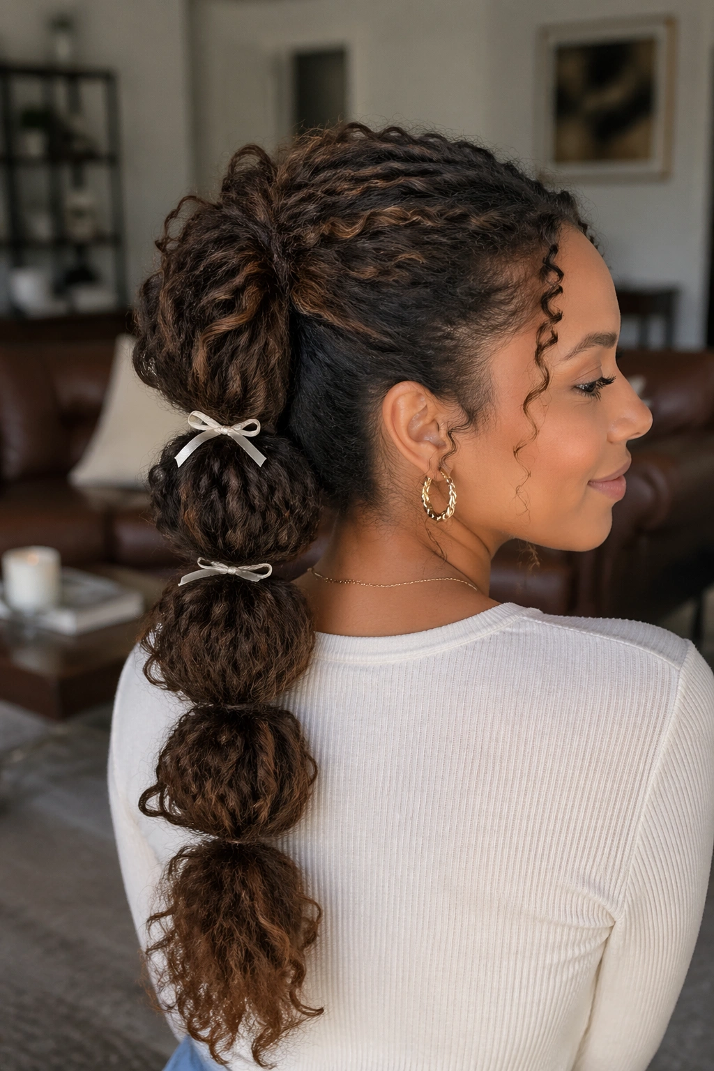 Close-up of a real woman showing a bubble ponytail with elastic bands and small bows on curly hair