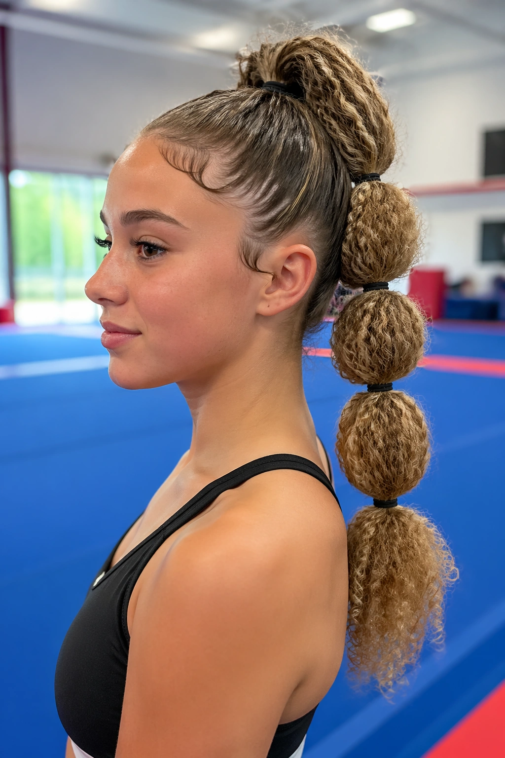Bubble ponytail with curly sections on a real athlete during practice