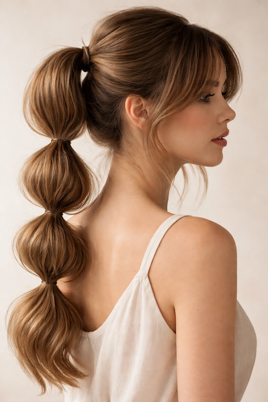 Bubble ponytail with curtain bangs and evenly spaced puffs