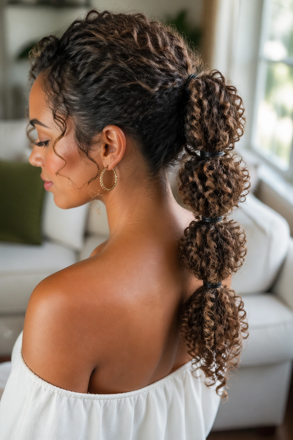 Close-up of a real woman with a bubble ponytail and defined curls