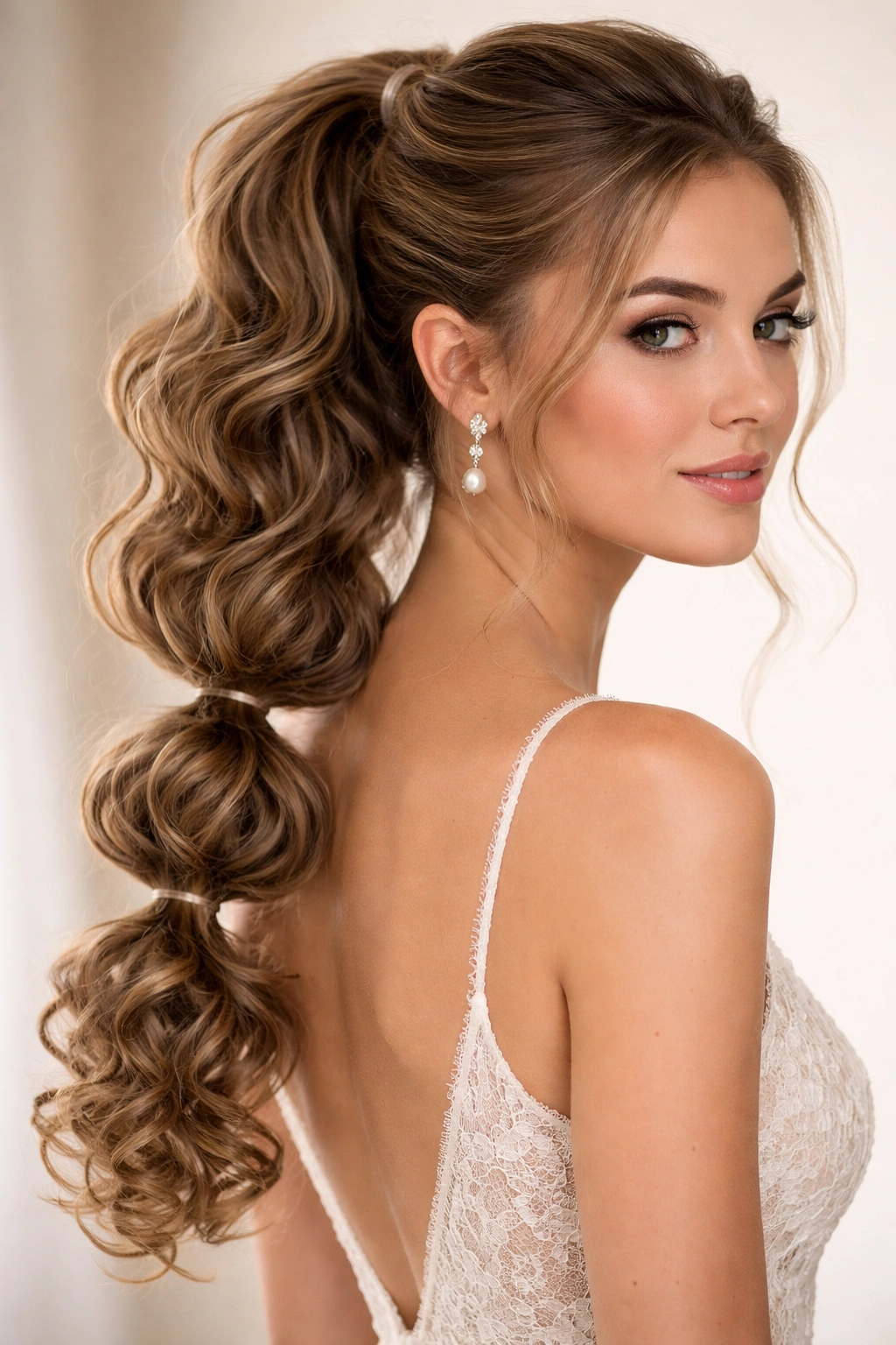 Bubble ponytail with defined curls and evenly spaced elastics