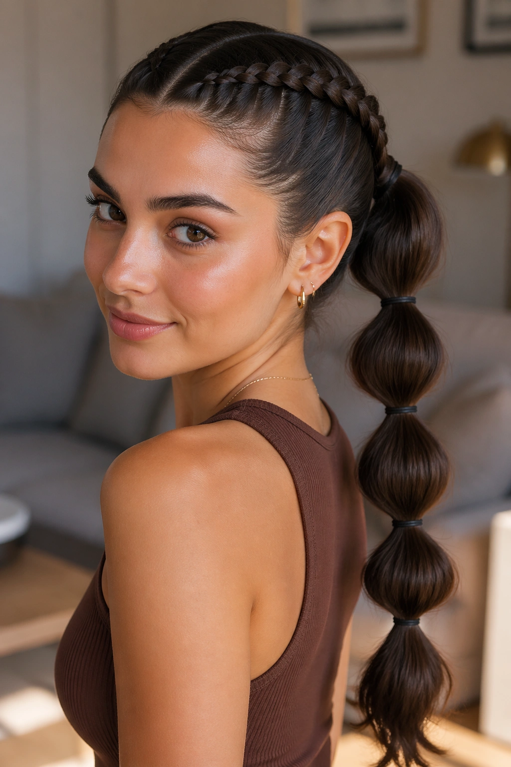 Real woman with double braids and a bubble ponytail