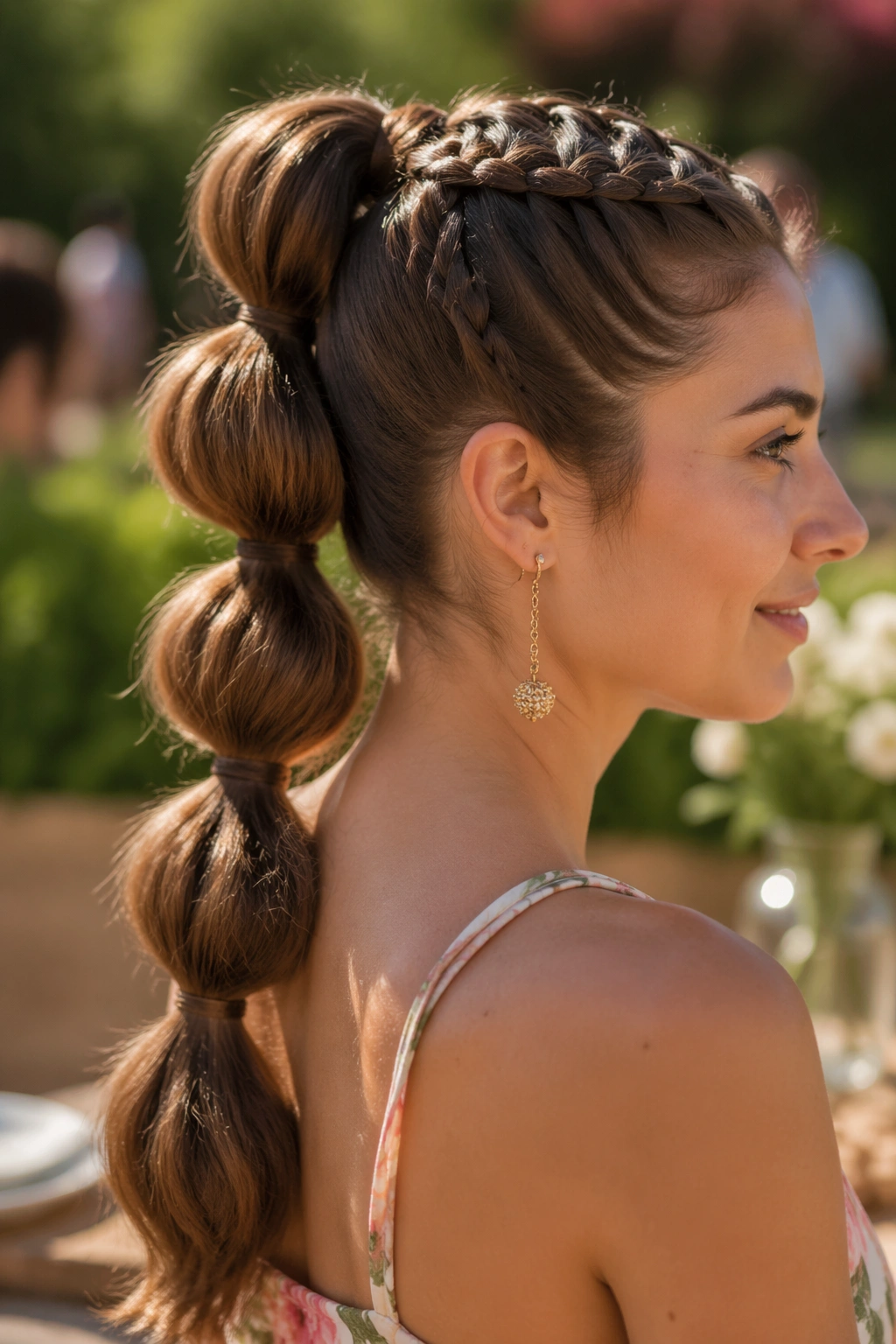 Close-up of bubble ponytail with Dutch braid lead-in on a real woman