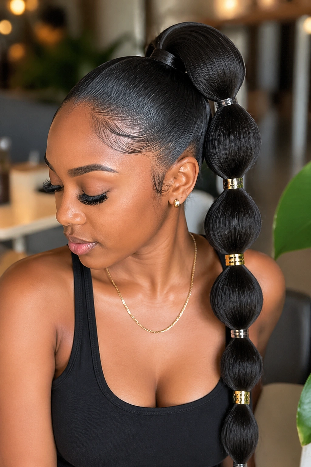 Close-up portrait of a real woman with a bubble ponytail and elastic cuffs.