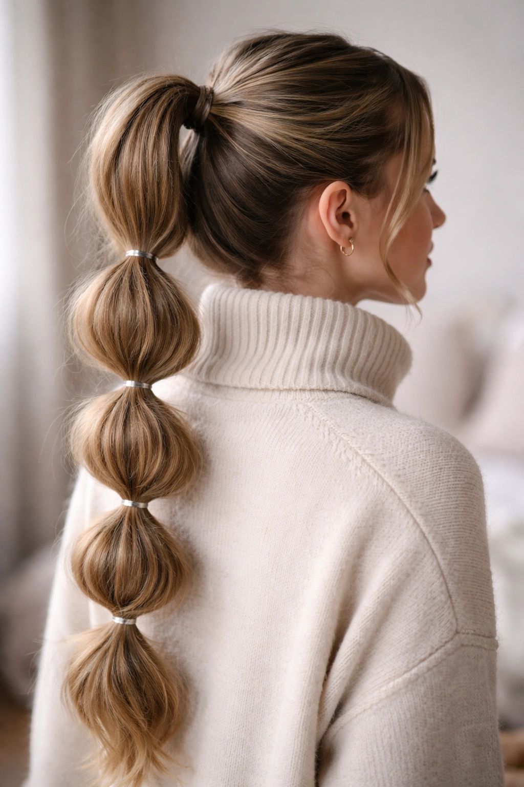 Bubble ponytail with multiple elastics forming rounded bubbles along the length.