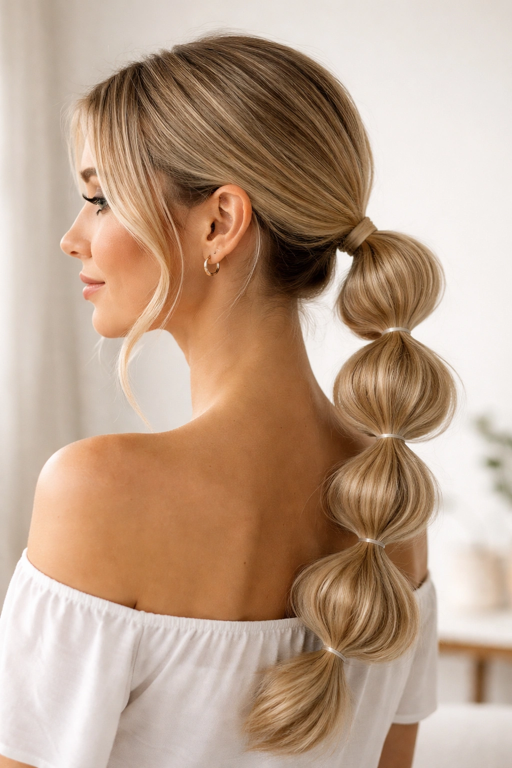 Bubble side ponytail with evenly spaced elastics forming rounded bubbles