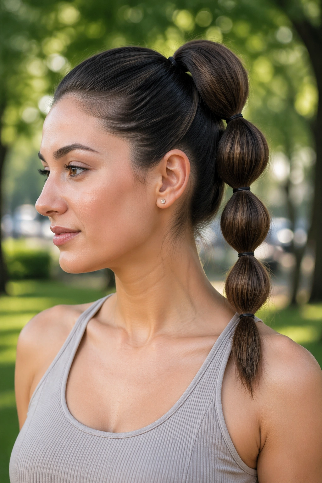 Close-up of a woman with a bubble ponytail showing segmented elastics creating volume.