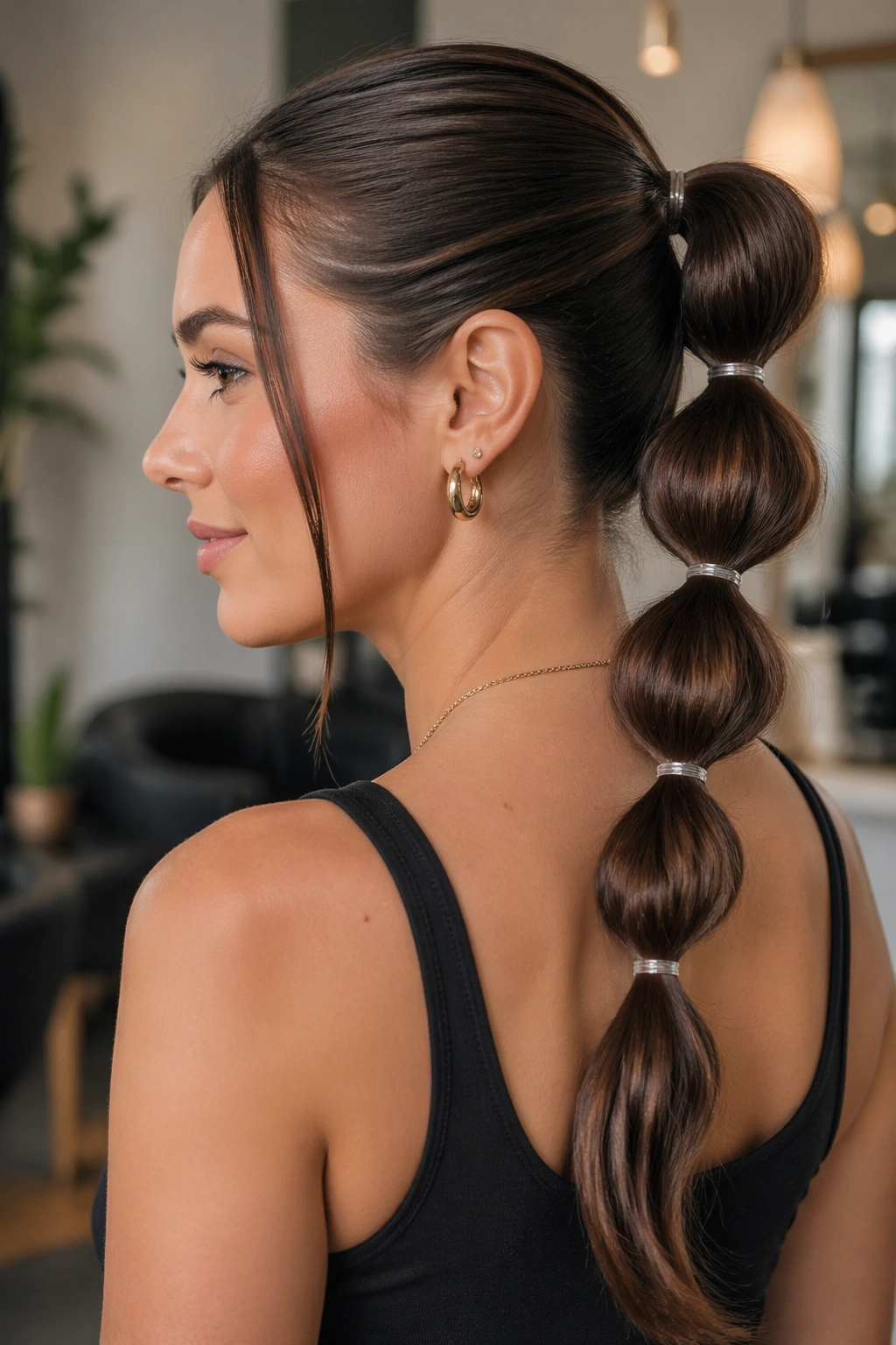 Close-up of a real woman with a bubble ponytail created by clear elastics
