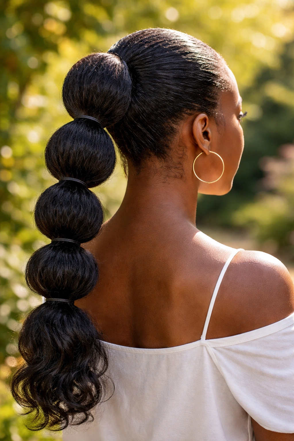 Back-of-head view of a real woman with a bubble ponytail showing rounded elastic bubbles along the length.