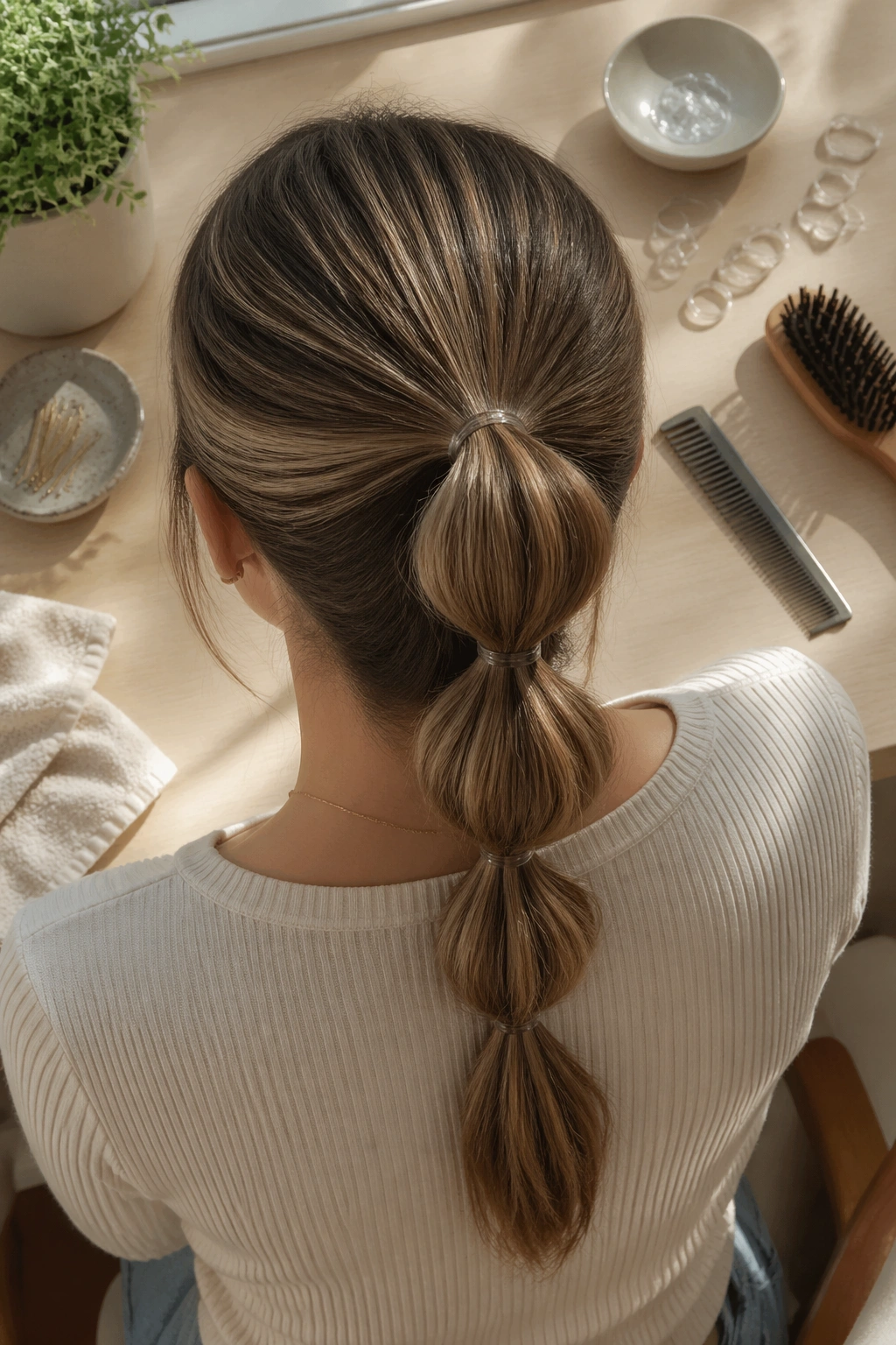 Overhead flat-lay showing bubble ponytail with elastics