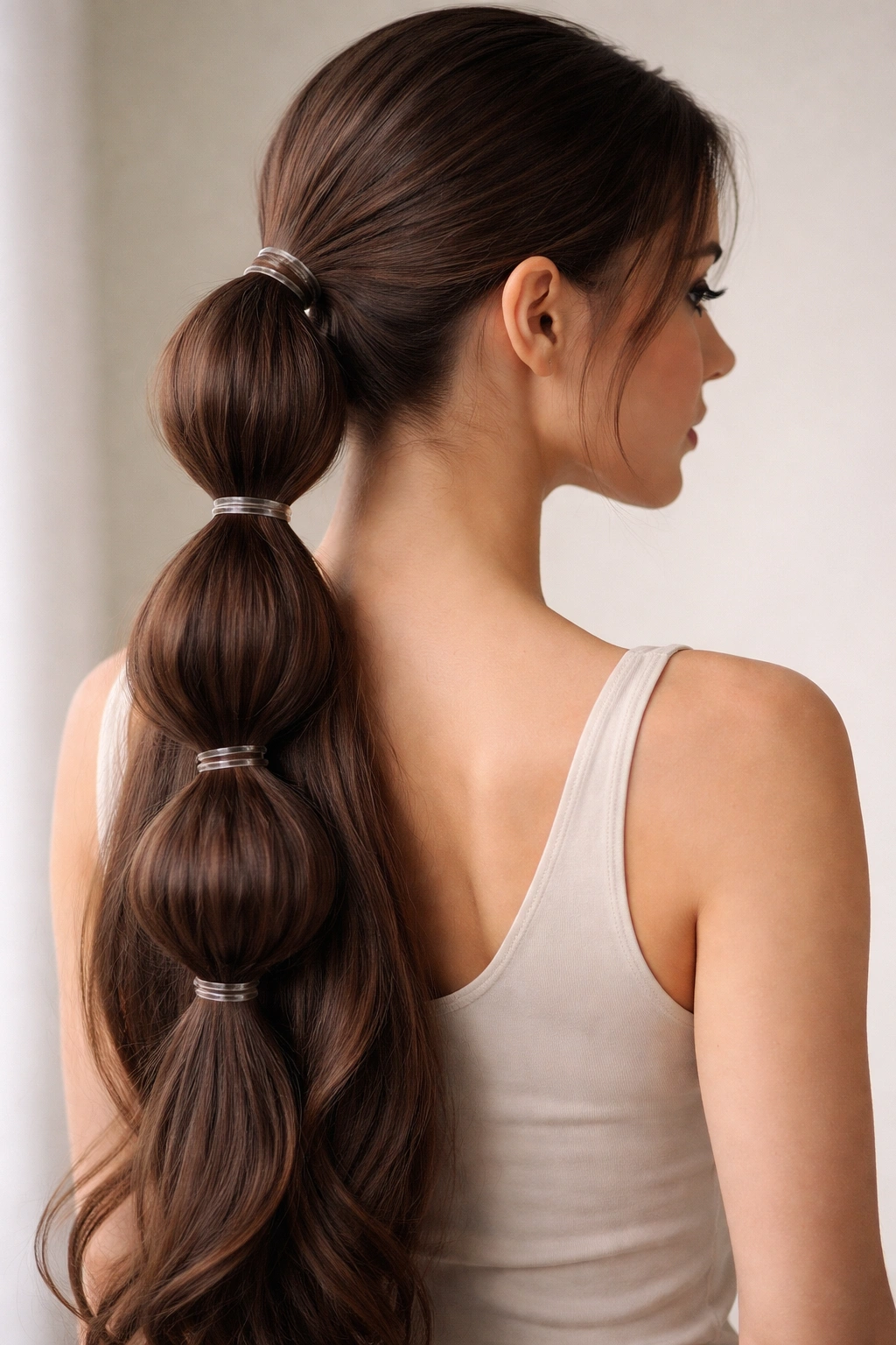 Close-up of a long low ponytail with bubble-shaped segments created by elastics