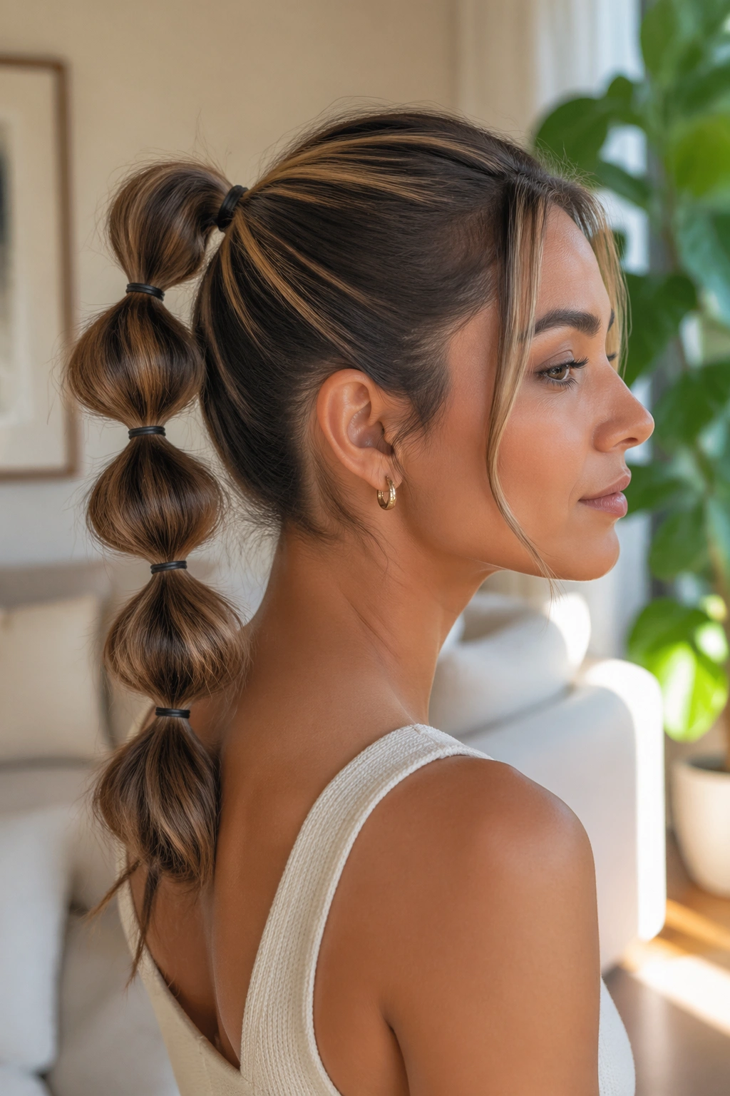 Close-up of a real woman with a bubble ponytail created by mini elastics.