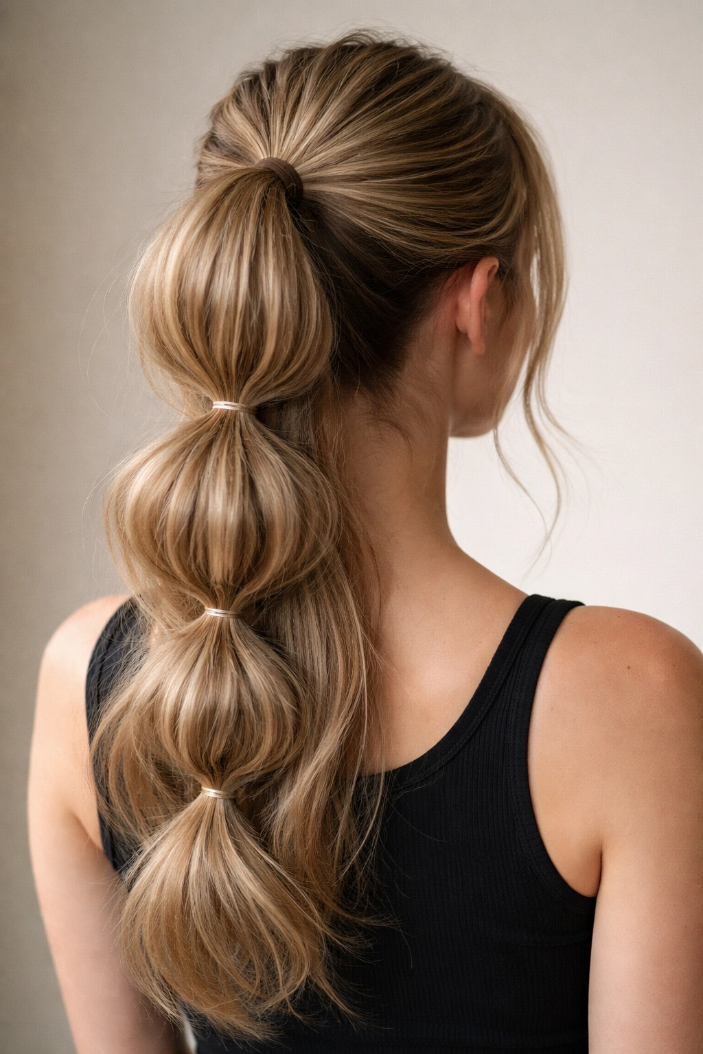 Back view of a bubble ponytail with multiple evenly spaced elastics creating rounded sections